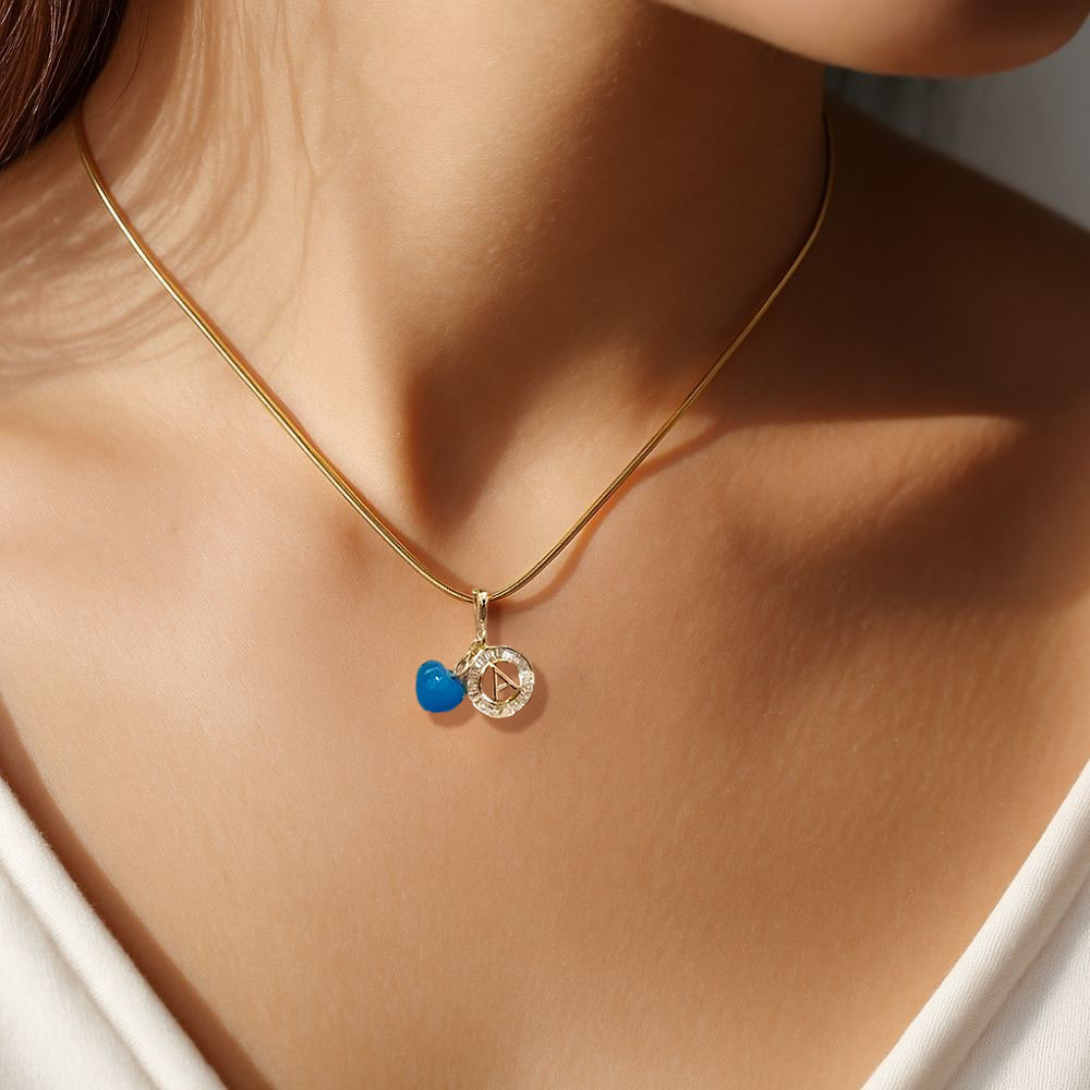 Blue Heart Crystal Initial Gold Necklace